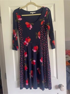 Boden Navy Long-Sleeve Floral Fit & Flare Dress with Pink and Red Blooms